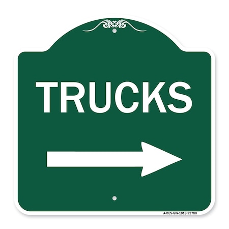 Trucks Sign Trucks With Right Arrow, Green & White Aluminum Architectural Sign